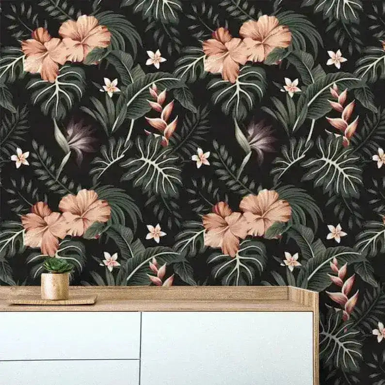 Dark and Blush Tropical Morning Flowers Floral Wallpaper