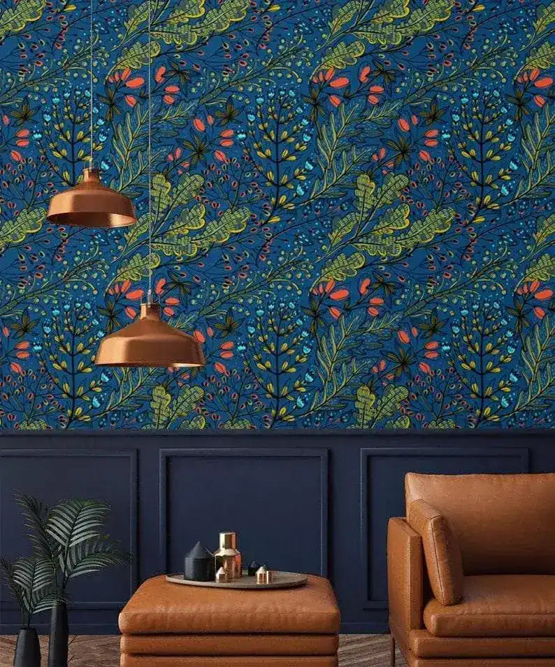 Dark Blue Watercolor Botanical and Floral Wallpaper