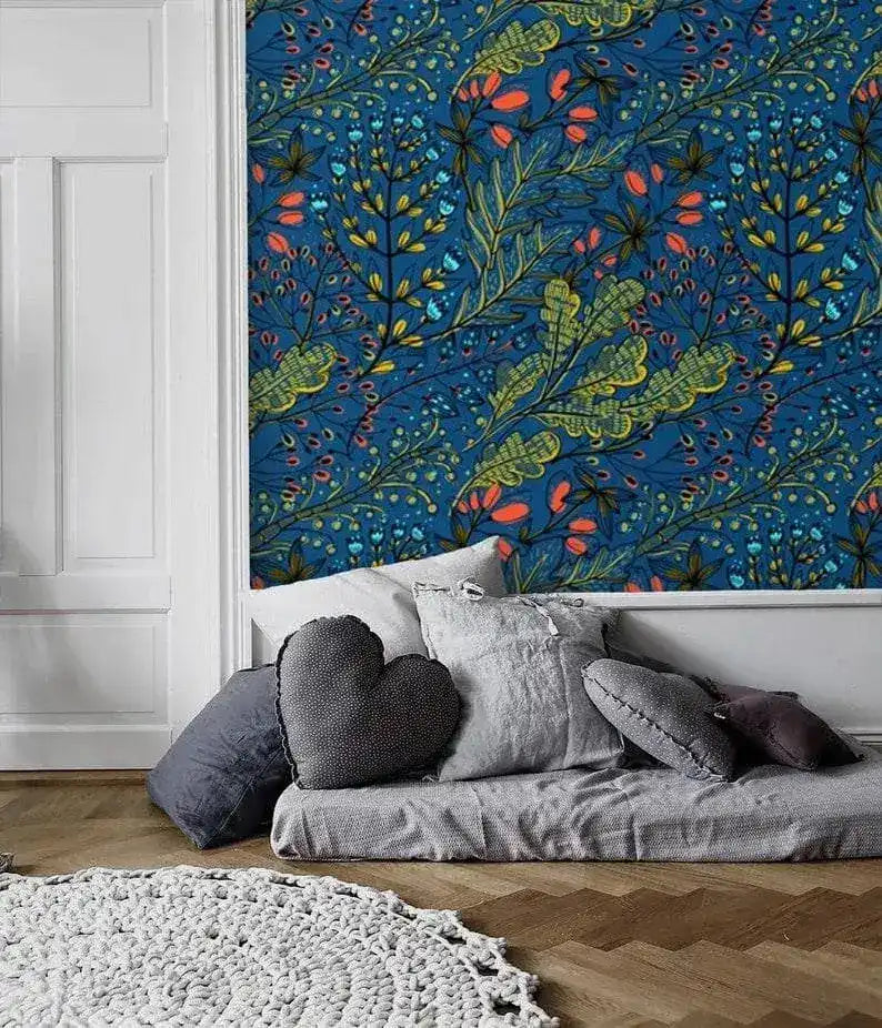 Dark Blue Watercolor Botanical and Floral Wallpaper