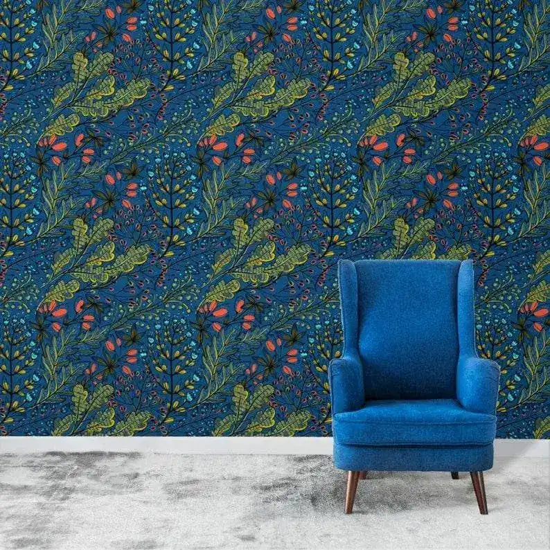 Dark Blue Watercolor Botanical and Floral Wallpaper