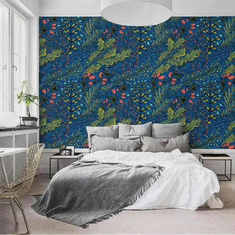 Dark Blue Watercolor Botanical and Floral Wallpaper