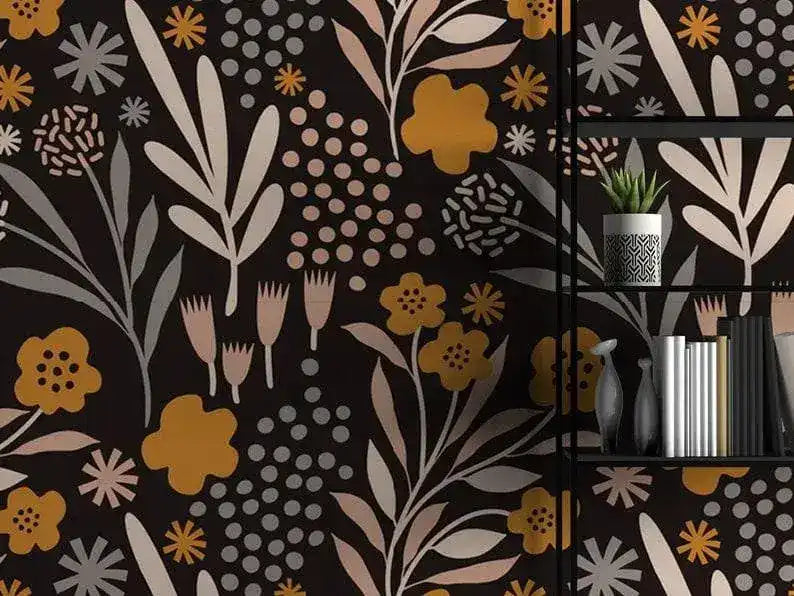 Dark Modern Drawing Yellow Floral Wallpaper