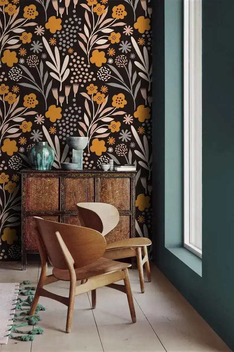 Dark Modern Drawing Yellow Floral Wallpaper
