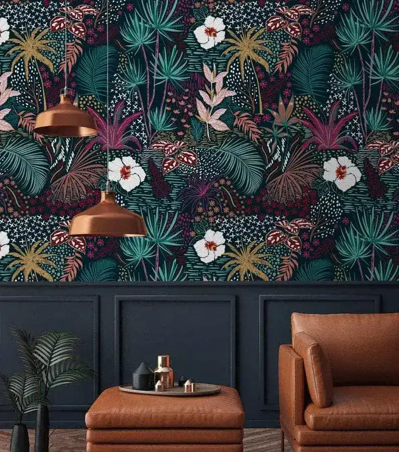 Dark Watercolor Tropical Floral Wallpaper