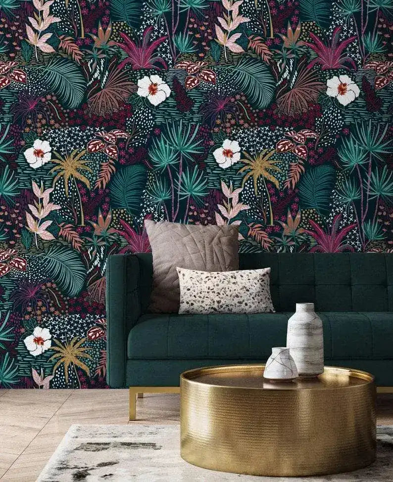 Dark Watercolor Tropical Floral Wallpaper