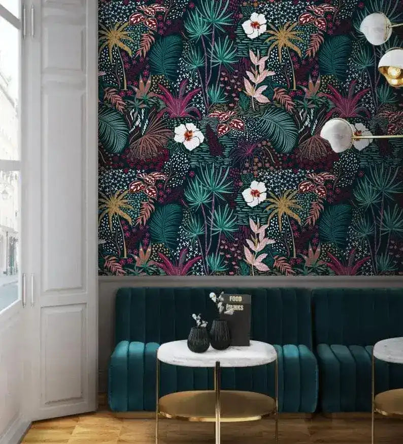 Dark Watercolor Tropical Floral Wallpaper
