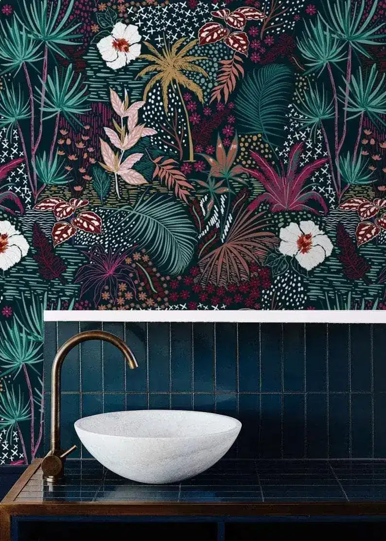 Dark Watercolor Tropical Floral Wallpaper