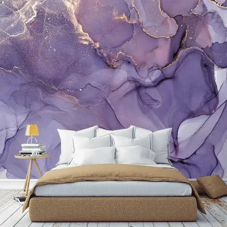 Dramatic Purple and Gold Abstract Marble Wallpaper Mural