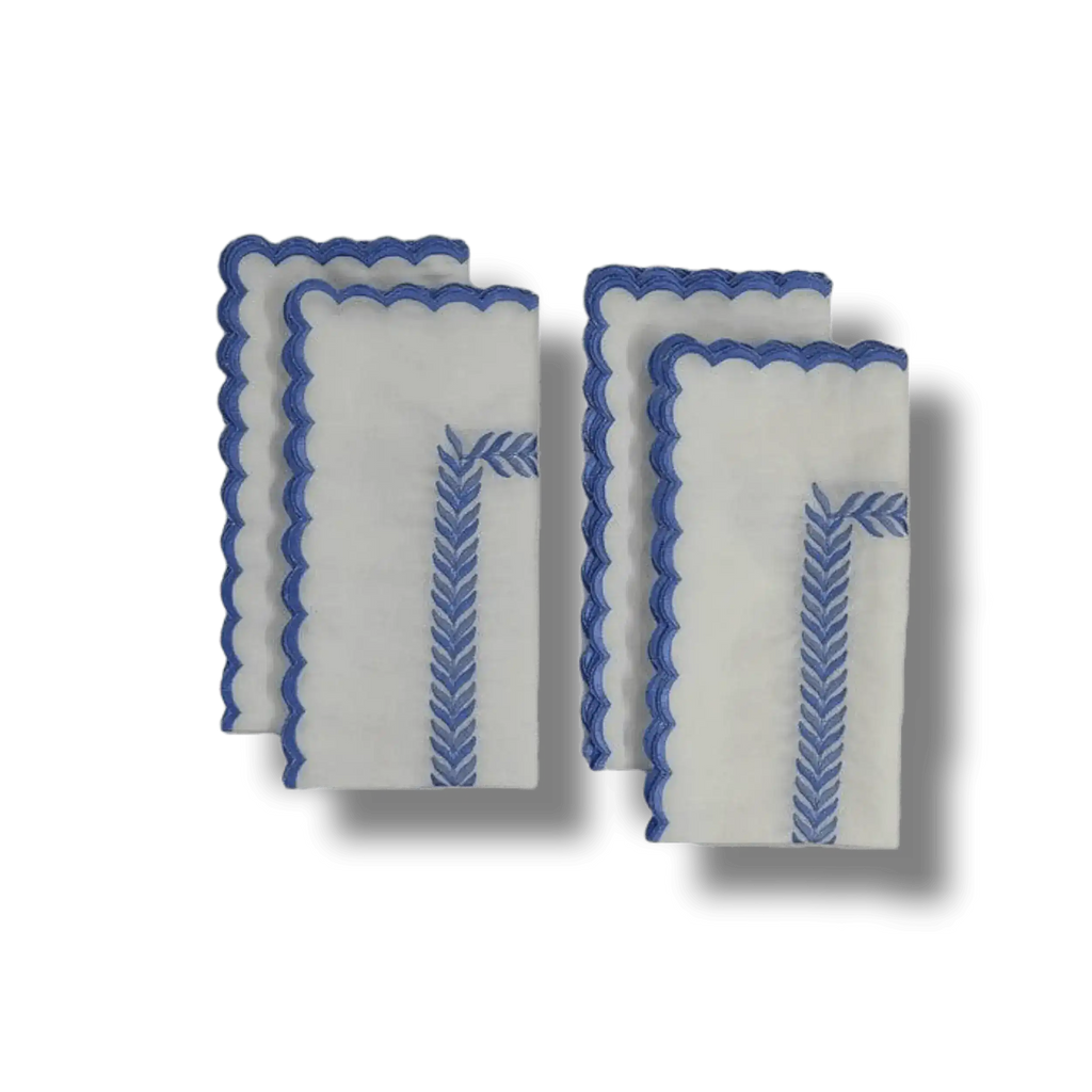 Embroidered Pink Fern White Cotton Scalloped Napkins
