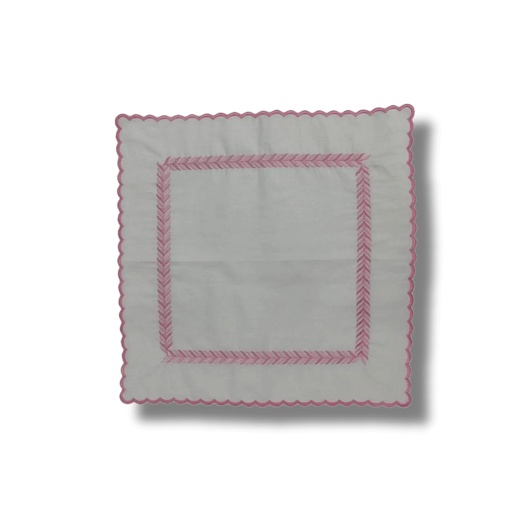 Embroidered Pink Fern White Cotton Scalloped Napkins