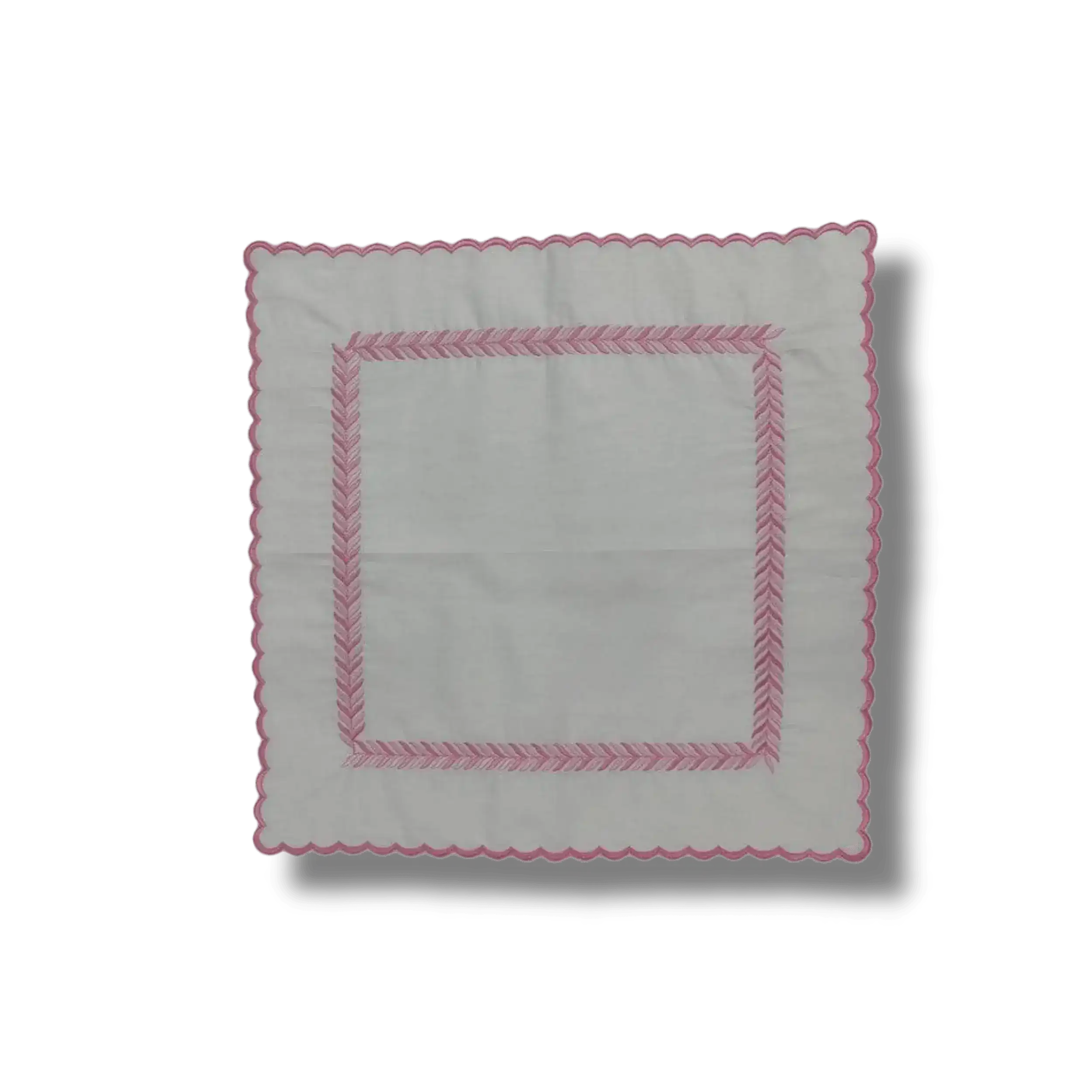 Embroidered Pink Fern White Cotton Scalloped Napkins