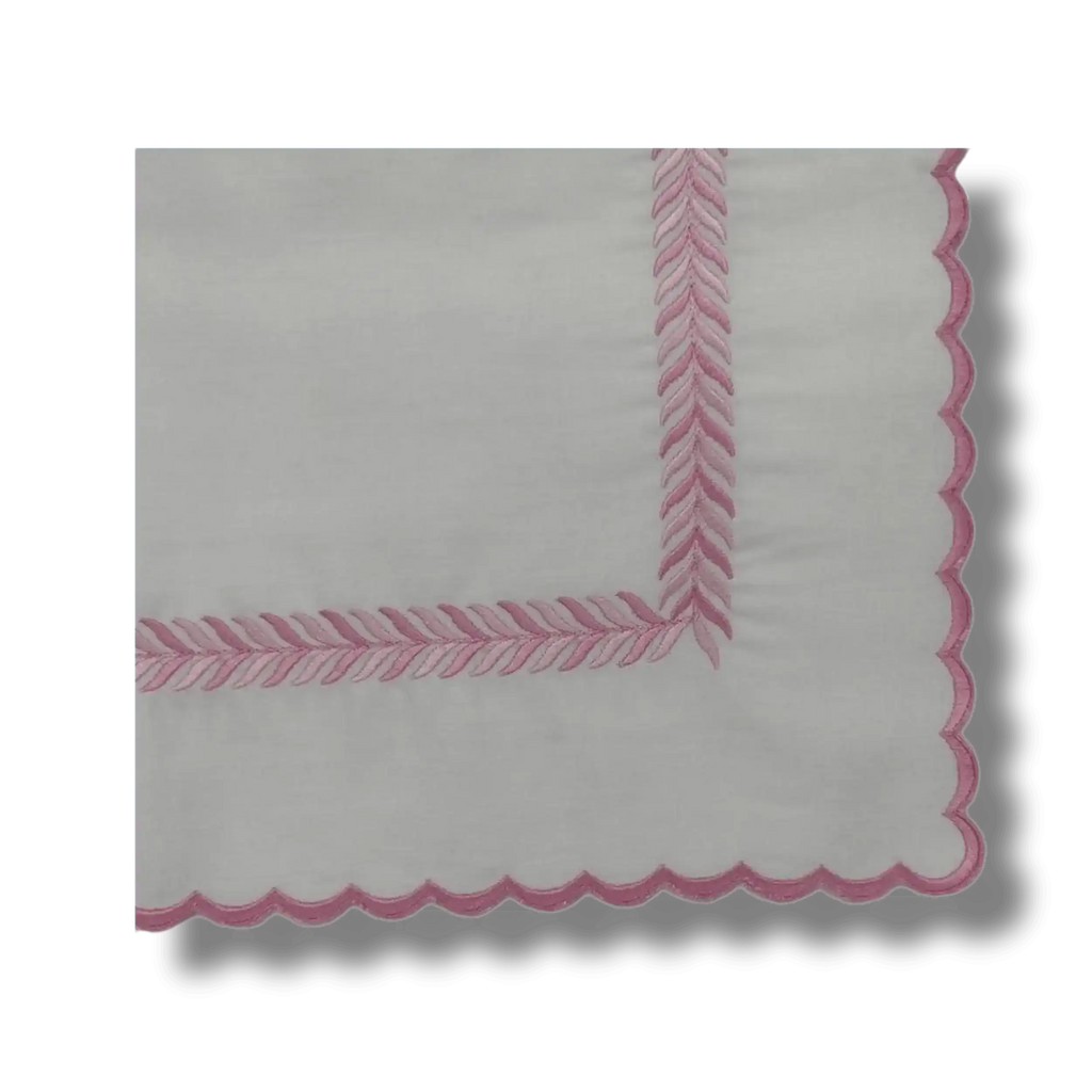 Embroidered Pink Fern White Cotton Scalloped Napkins