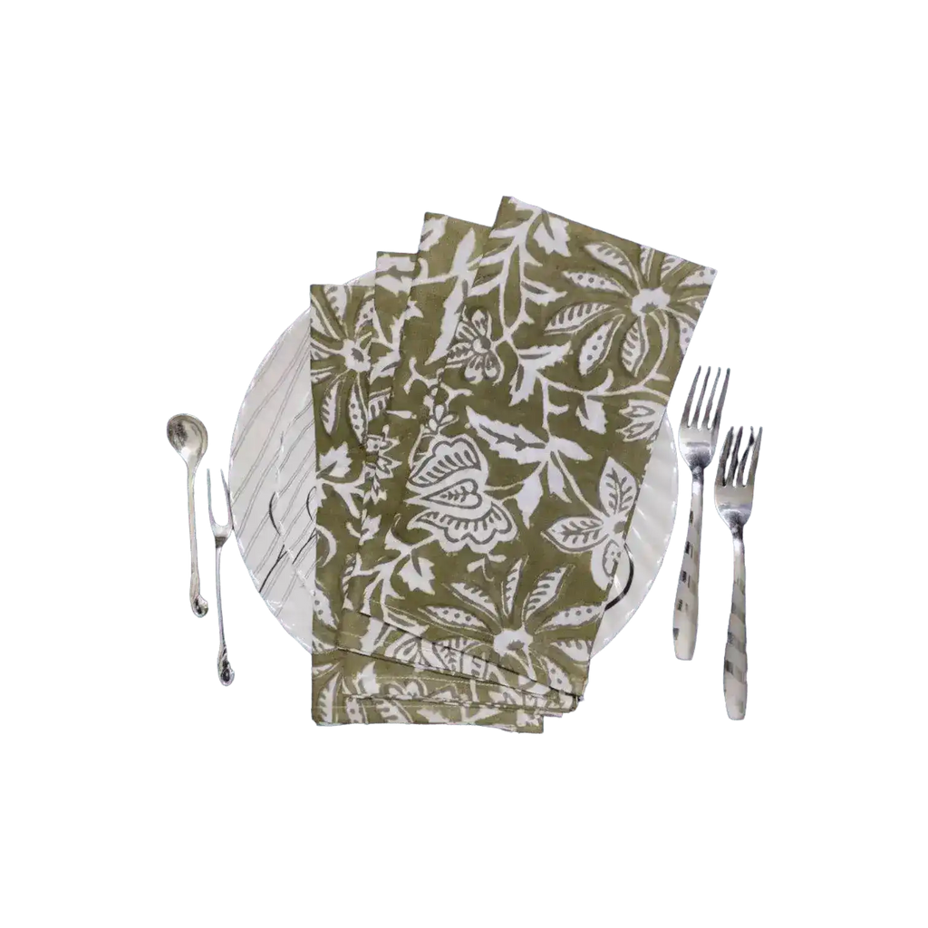 Emmy Green and White Block Printed Cotton Napkins
