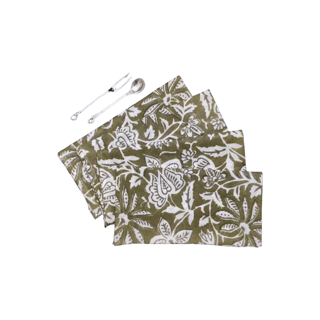 Emmy Green and White Block Printed Cotton Napkins