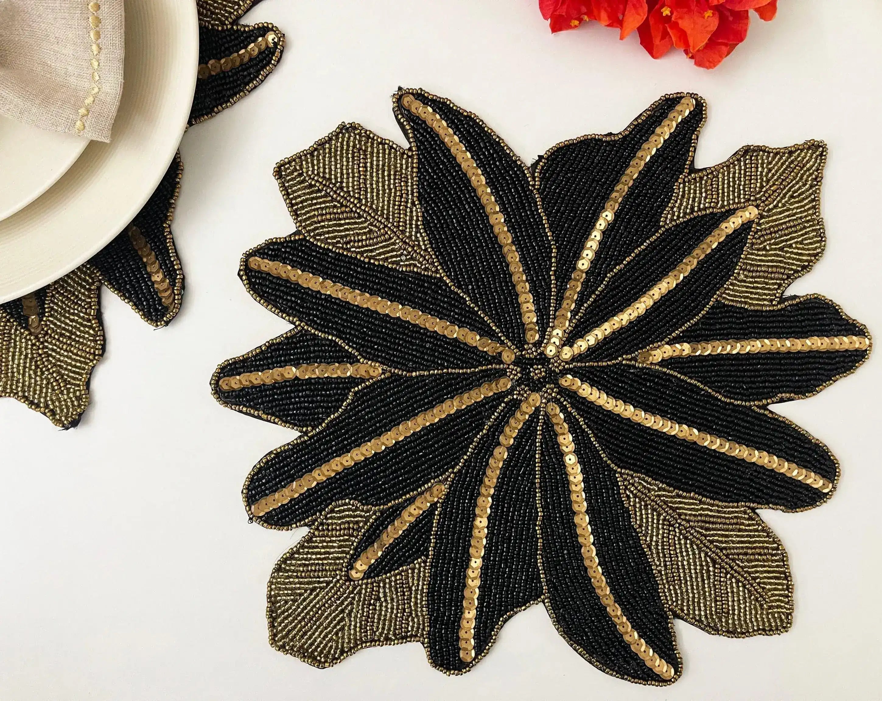 Exotic Flower Beaded Placemat, Gold/Black