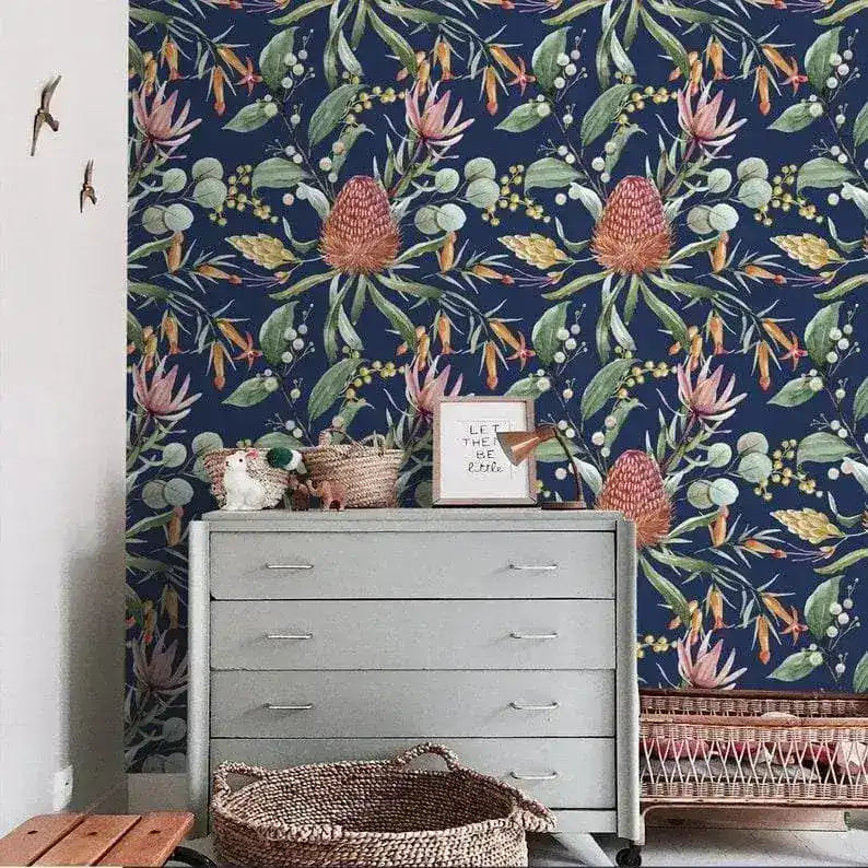 Exotic Flowers and Leaves Watercolor Wallpaper