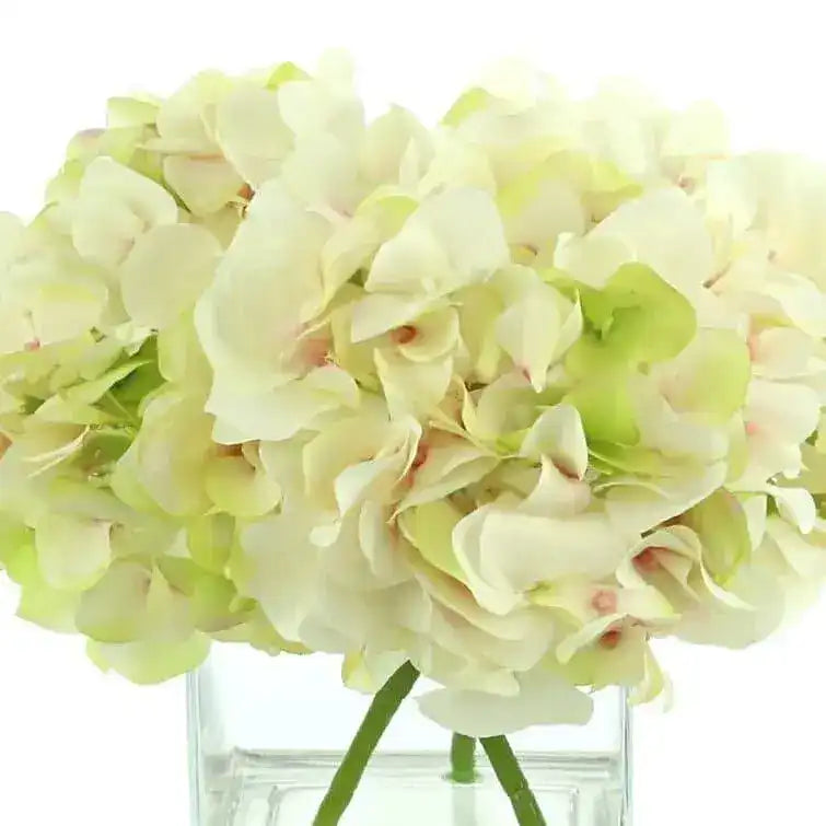 Faux Hydrangea Floral Arrangement in Glass Vase