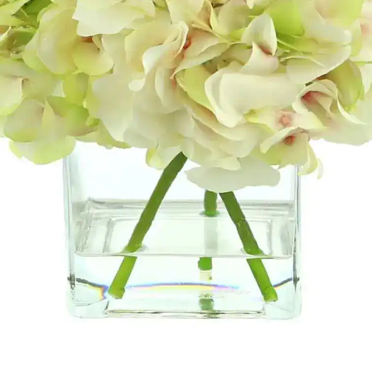 Faux Hydrangea Floral Arrangement in Glass Vase