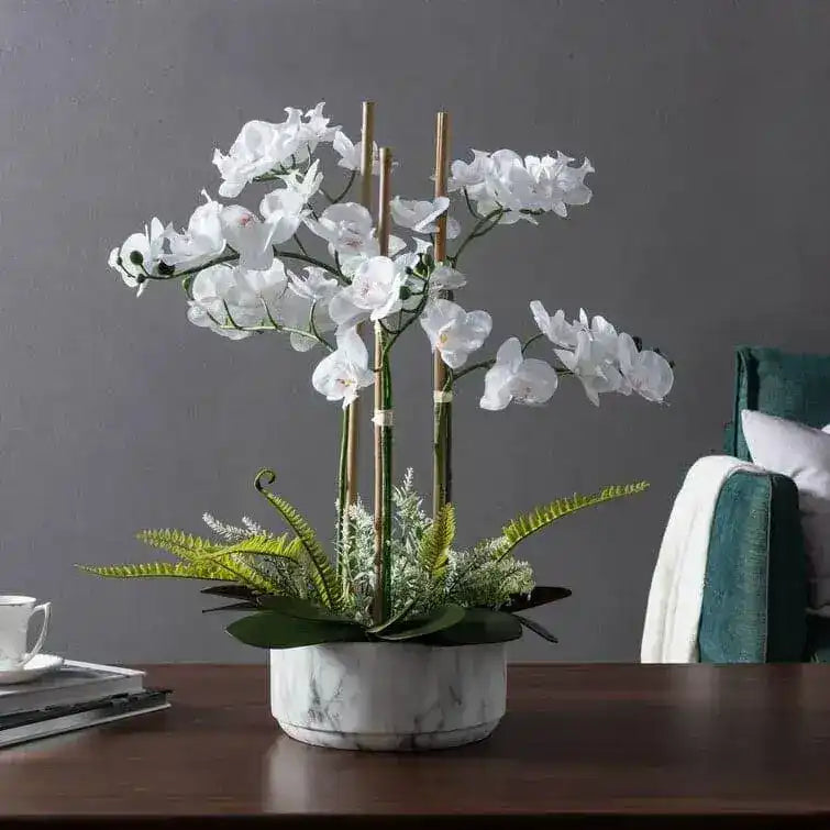 Faux White Orchid Floral Centerpiece in Marbled Pot