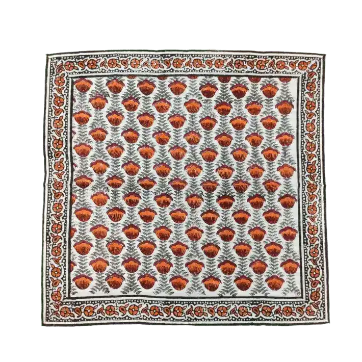 Floral Block Printed Scallop Cotton Placemats and Napkins