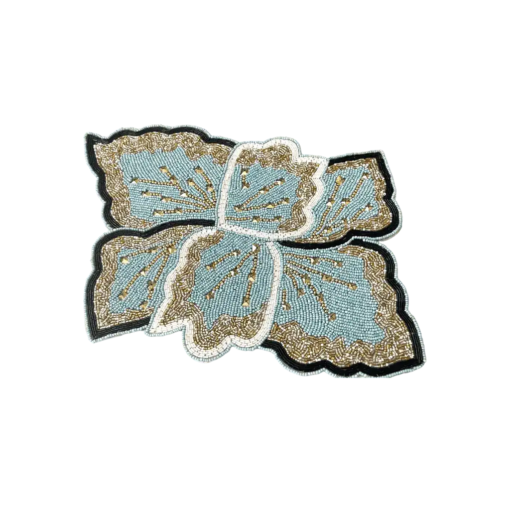 Floral Leaf Beaded Placemat - Blue and Gold - Set of 4