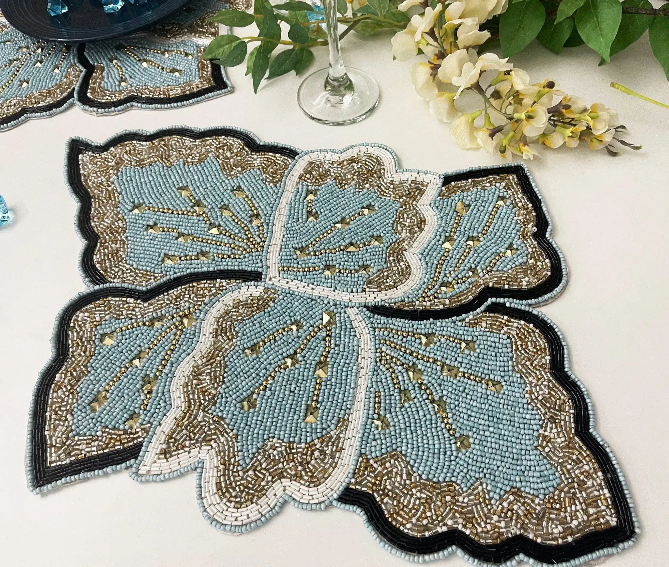 Floral Leaf Beaded Placemat - Blue and Gold - Set of 4