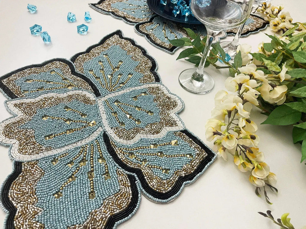 Floral Leaf Beaded Placemat - Blue and Gold - Set of 4
