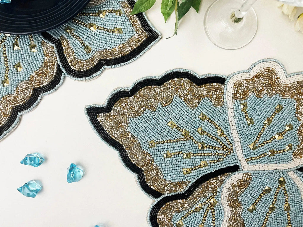 Floral Leaf Beaded Placemat - Blue and Gold - Set of 4