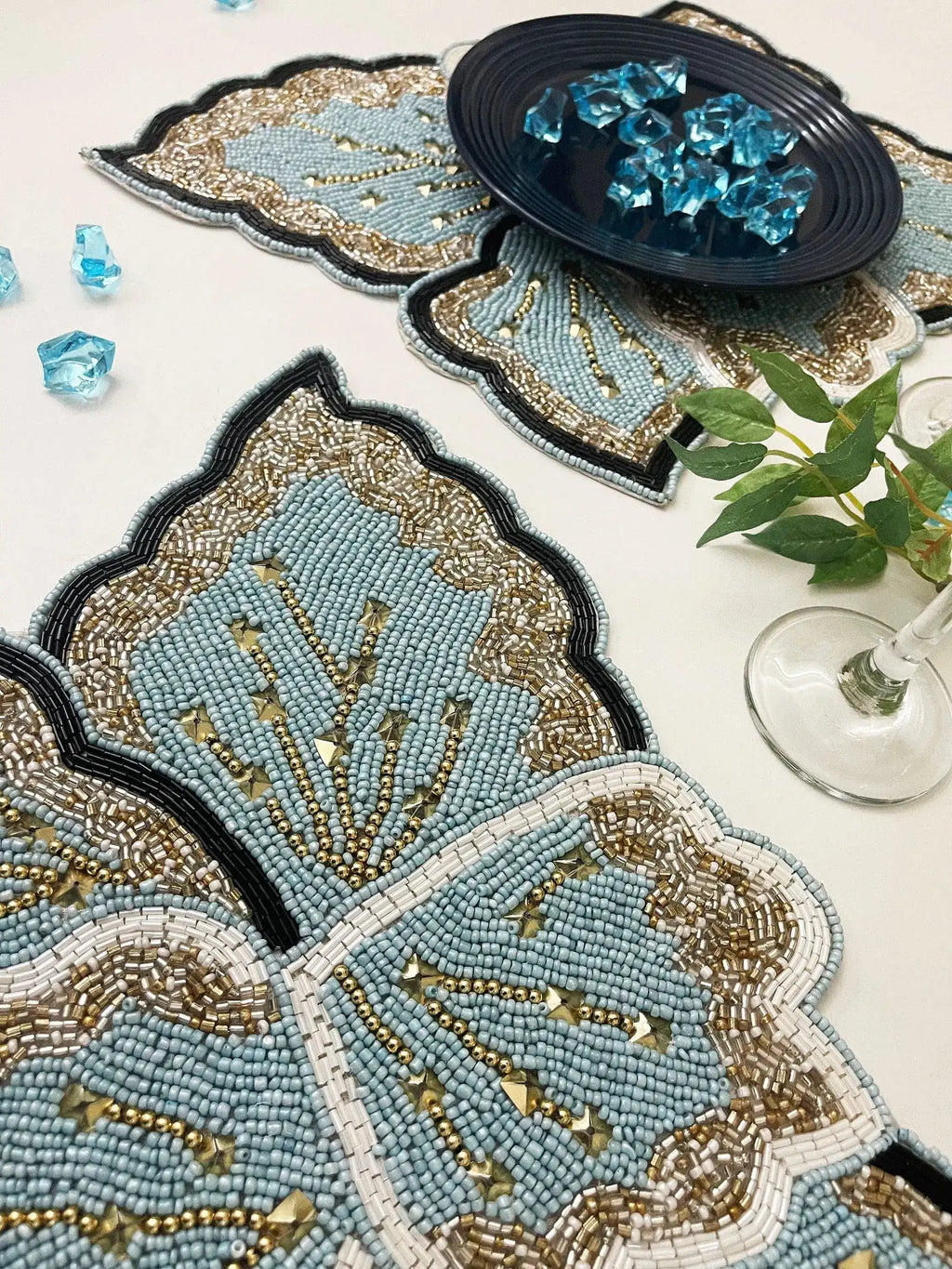 Floral Leaf Beaded Placemat - Blue and Gold - Set of 4
