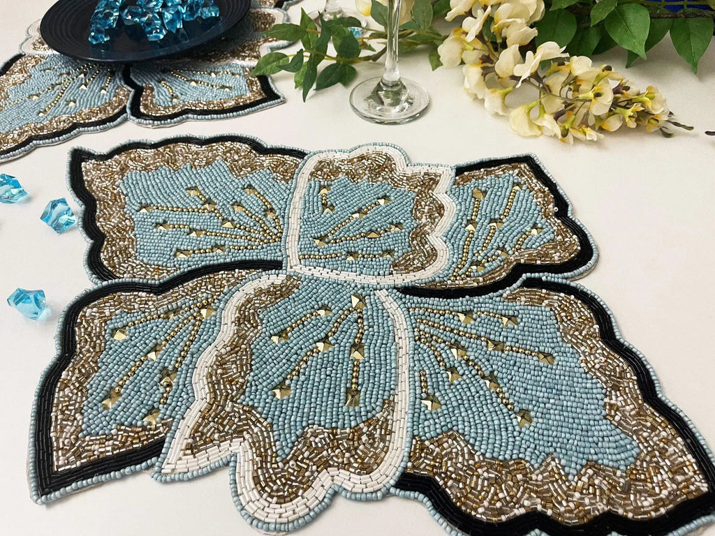 Floral Leaf Beaded Placemat - Blue and Gold - Set of 4