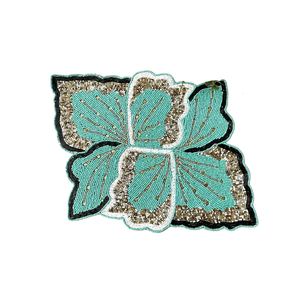 Floral Leaf Beaded Placemat - Green and Gold