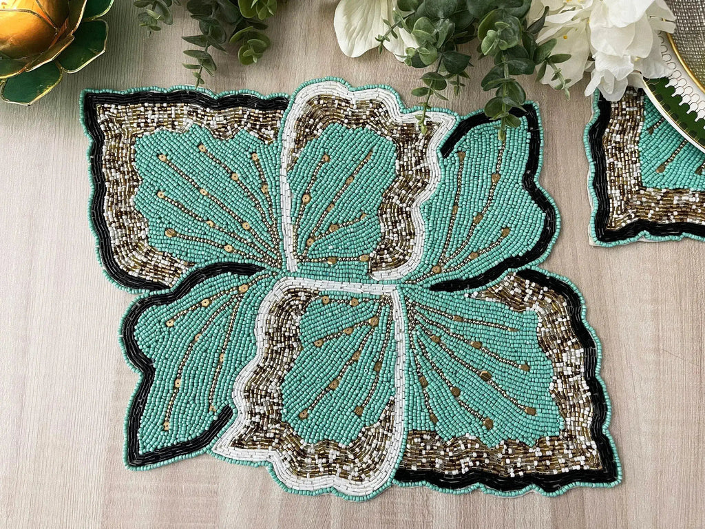 Floral Leaf Beaded Placemat - Green and Gold