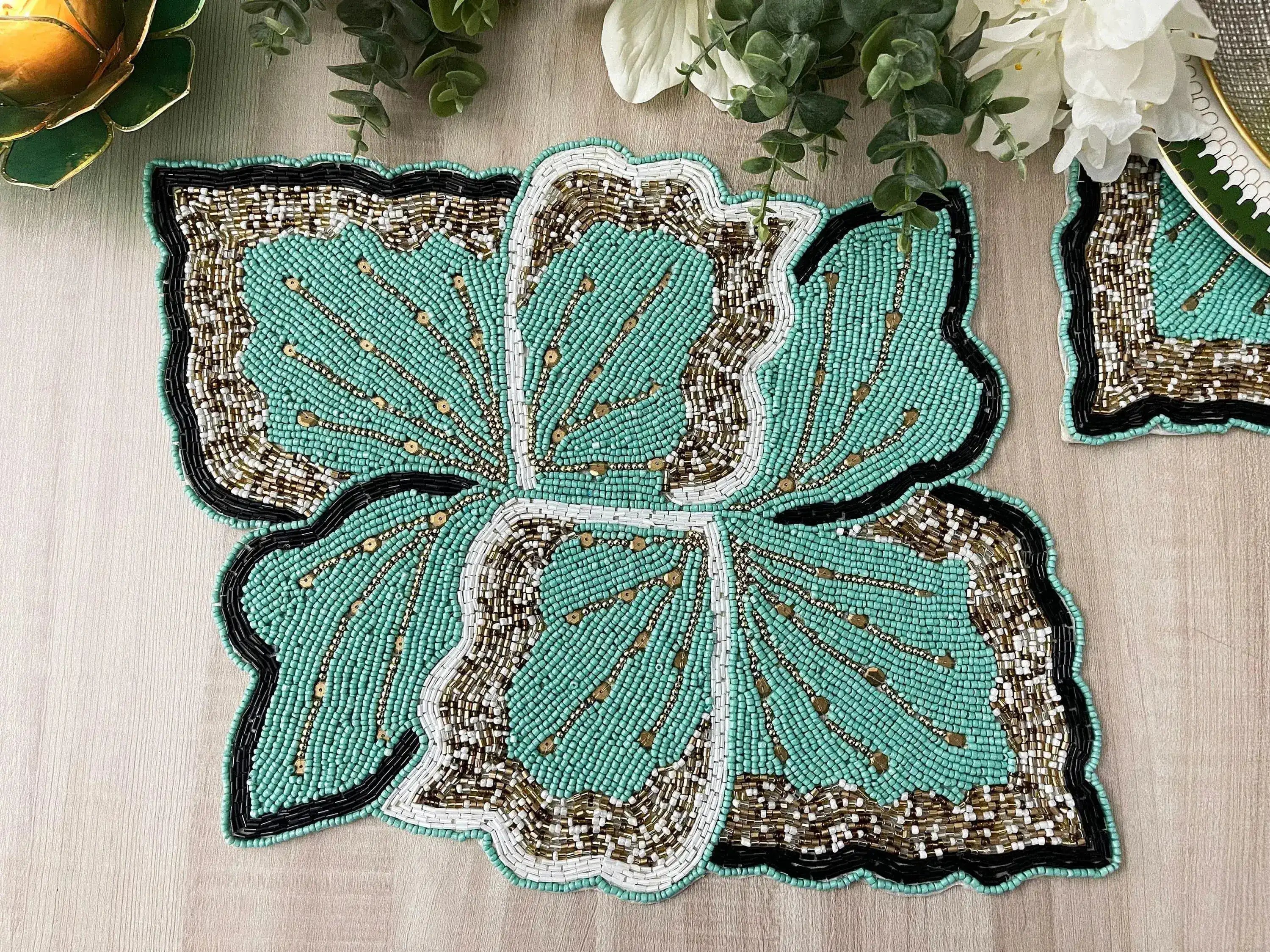 Floral Leaf Beaded Placemat - Green and Gold