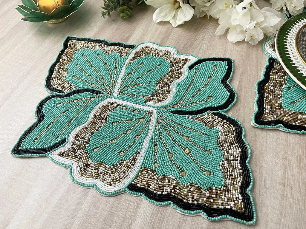 Floral Leaf Beaded Placemat - Green and Gold