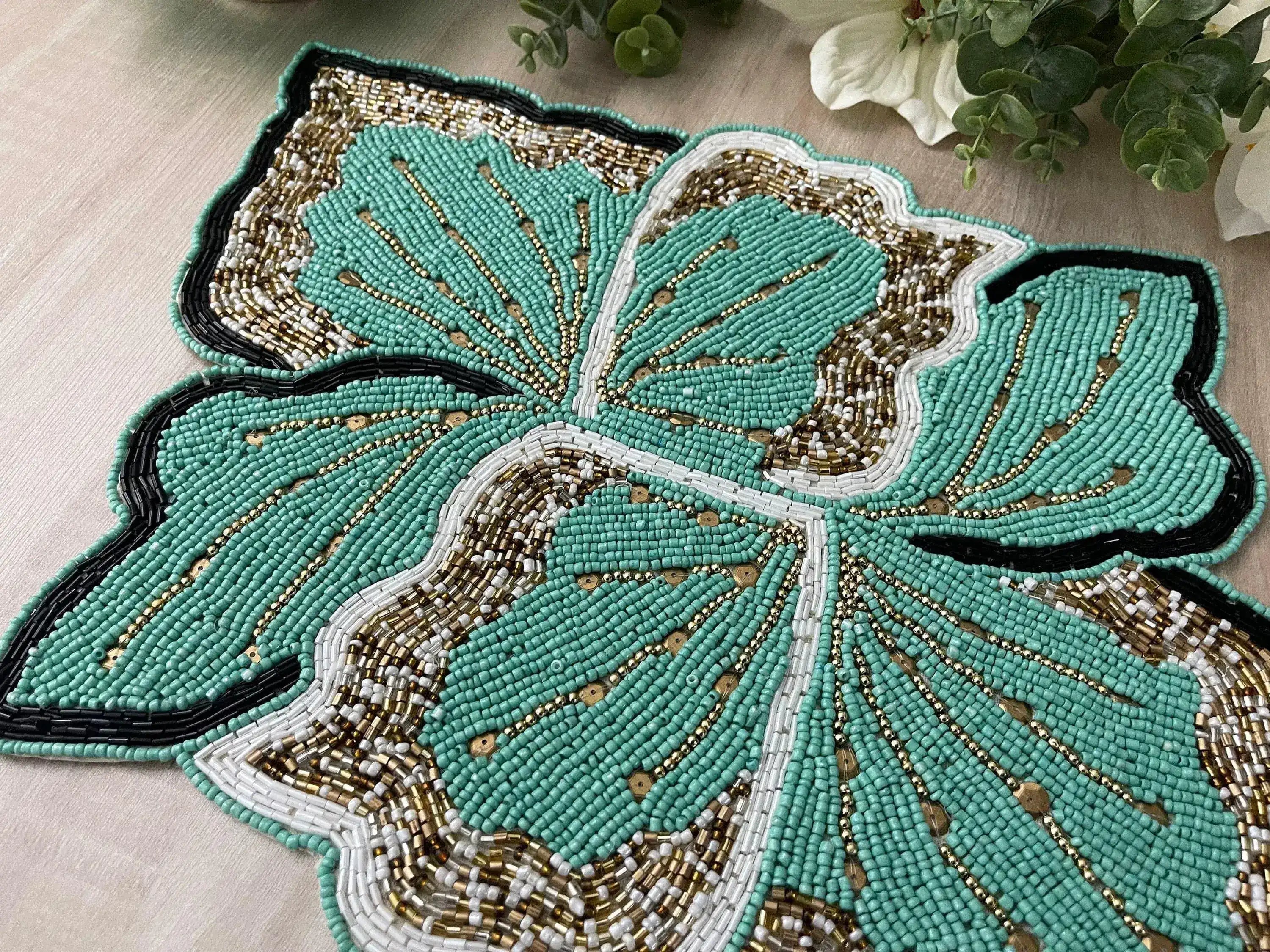 Floral Leaf Beaded Placemat - Green and Gold