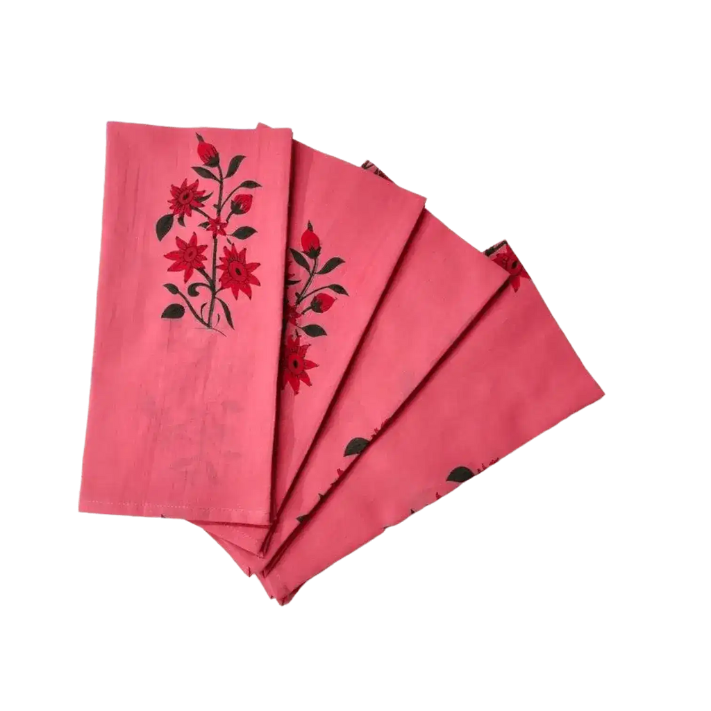 Flower Hand Blocked Print Cotton Napkins - Set of 4