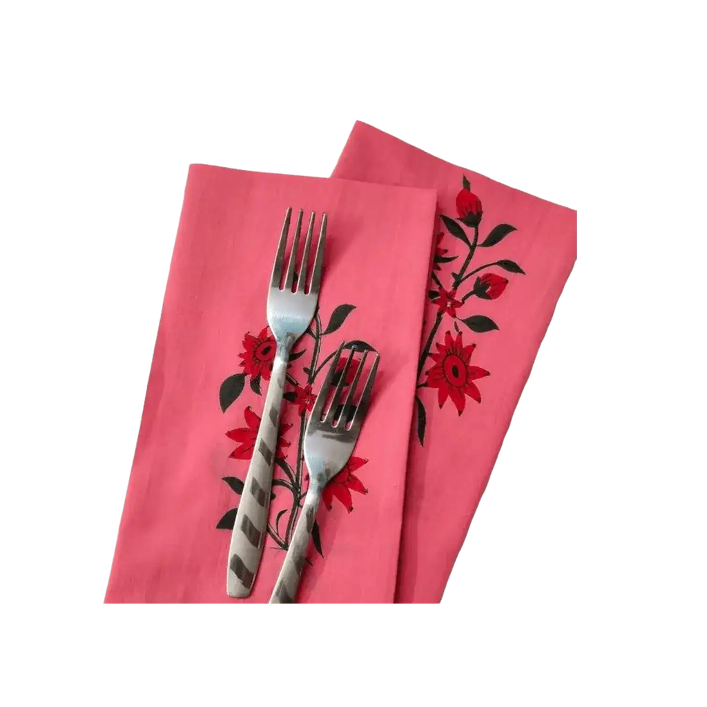 Flower Hand Blocked Print Cotton Napkins - Set of 4