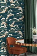 Flying Cranes Over Chinoiserie Blue Ocean Wallpaper