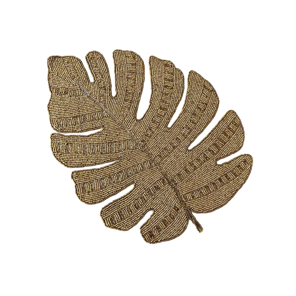 Golden Monstera Leaf Beaded Placemat Set of 4