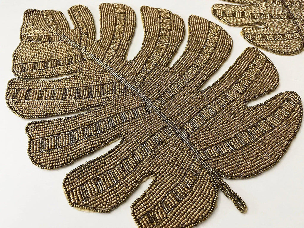 Golden Monstera Leaf Beaded Placemat Set of 4