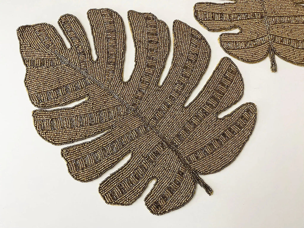 Golden Monstera Leaf Beaded Placemat Set of 4
