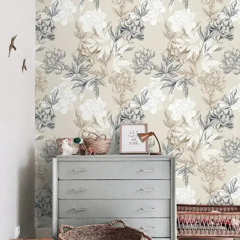 Gray and White Floral Peony Wallpaper