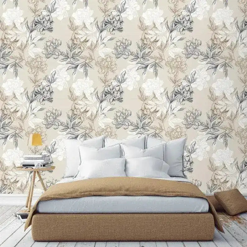Gray and White Floral Peony Wallpaper
