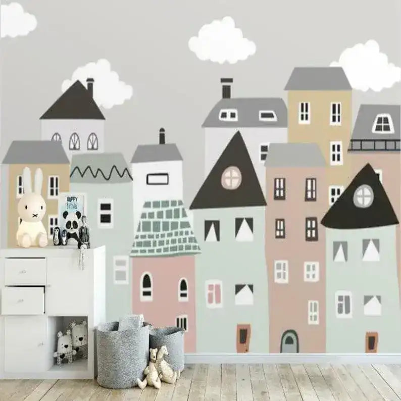 Gray City Skylines Nursery Wallpaper