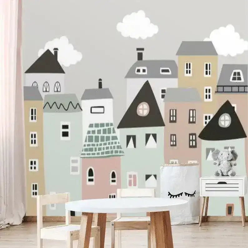 Gray City Skylines Nursery Wallpaper