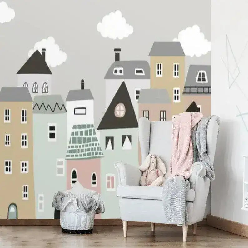 Gray City Skylines Nursery Wallpaper