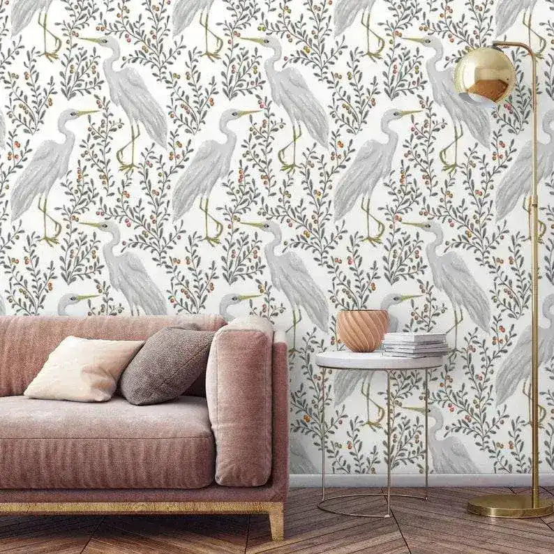 Gray Cranes Floral Wallpaper