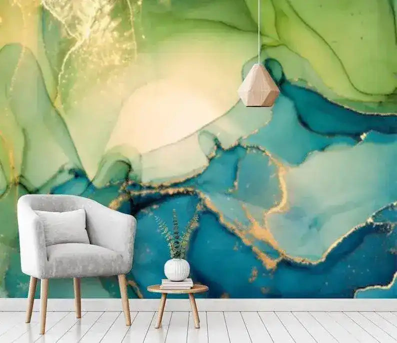 Green and Blue Abstract Watercolor Marble Wallpaper