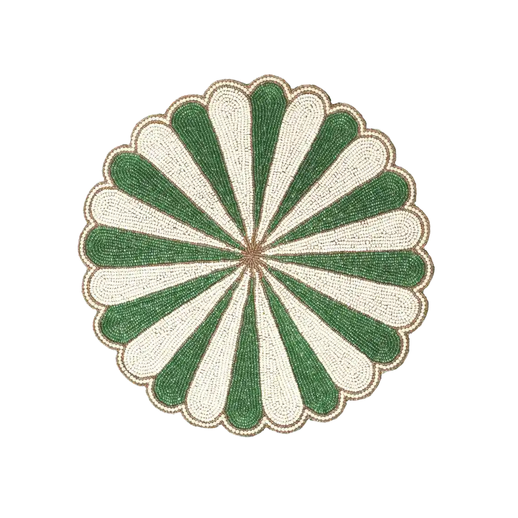 Green and White Beaded Scallop Round Placemats