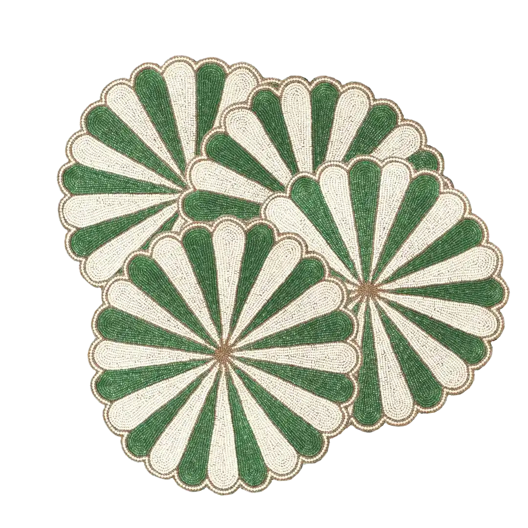 Green and White Beaded Scallop Round Placemats